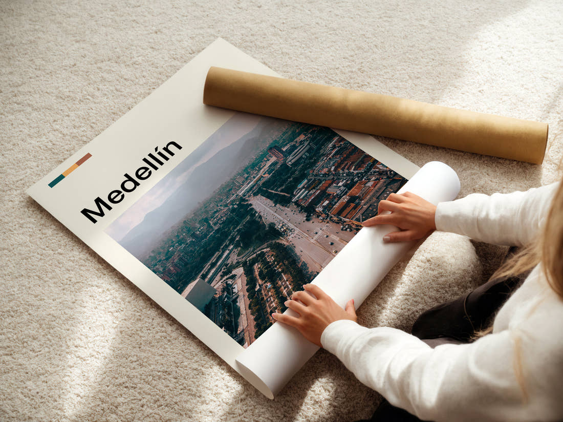 Medellín Avenue Through The City Travel Print being unrolled from its postal tube