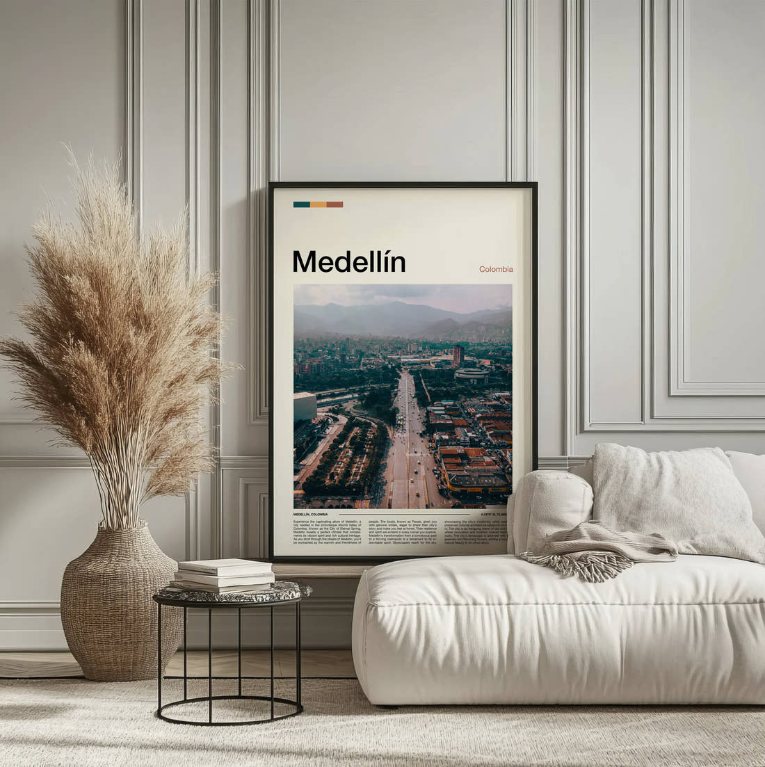 Medellín Avenue Through The City Travel Print framed on the wall of a calm, neutral bedroom