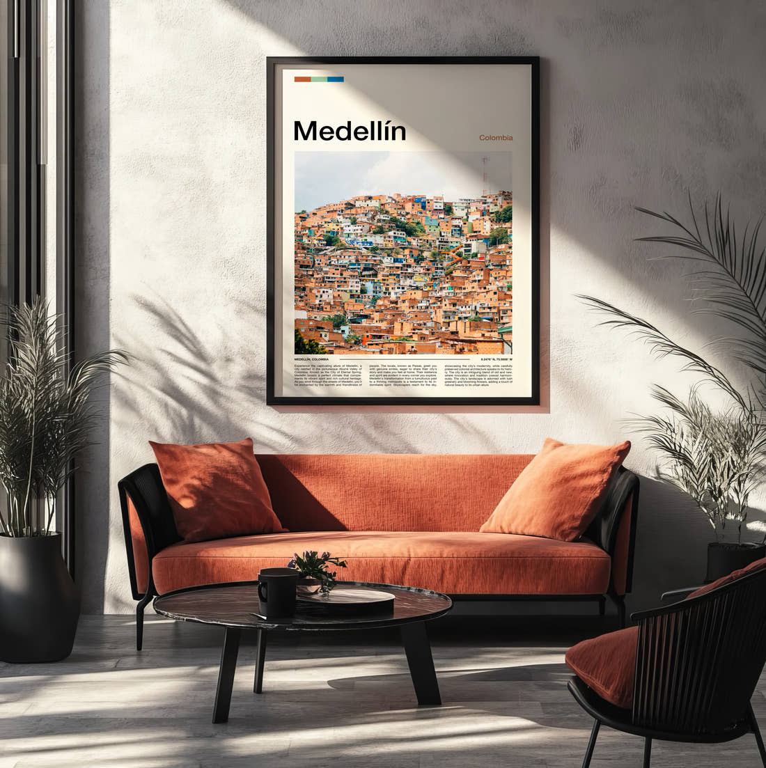 Medellín Colourful Hillside Houses Travel Print framed on the wall of a modern living room