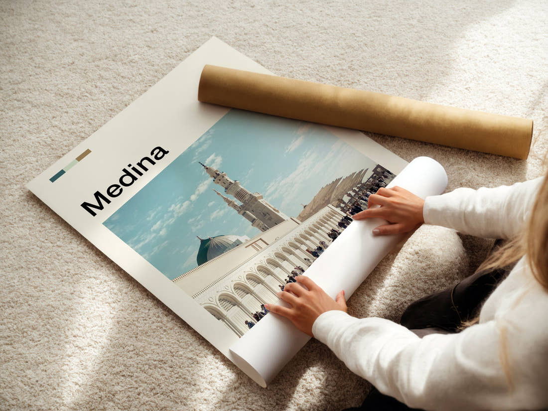 Medina Mosque Courtyard View Travel Print being unrolled from its postal tube