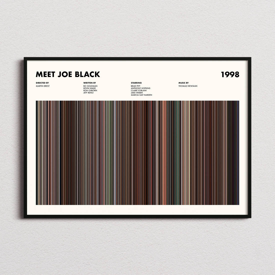 Meet Joe Black Movie Barcode Poster framed and photographed straight on