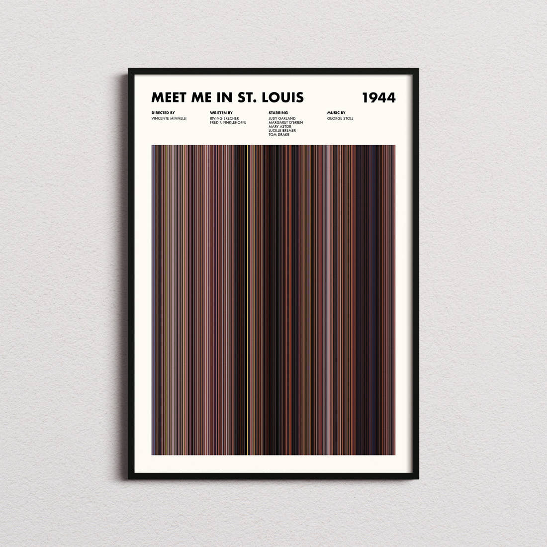Meet Me in St. Louis Movie Barcode Poster framed on a plain studio wall