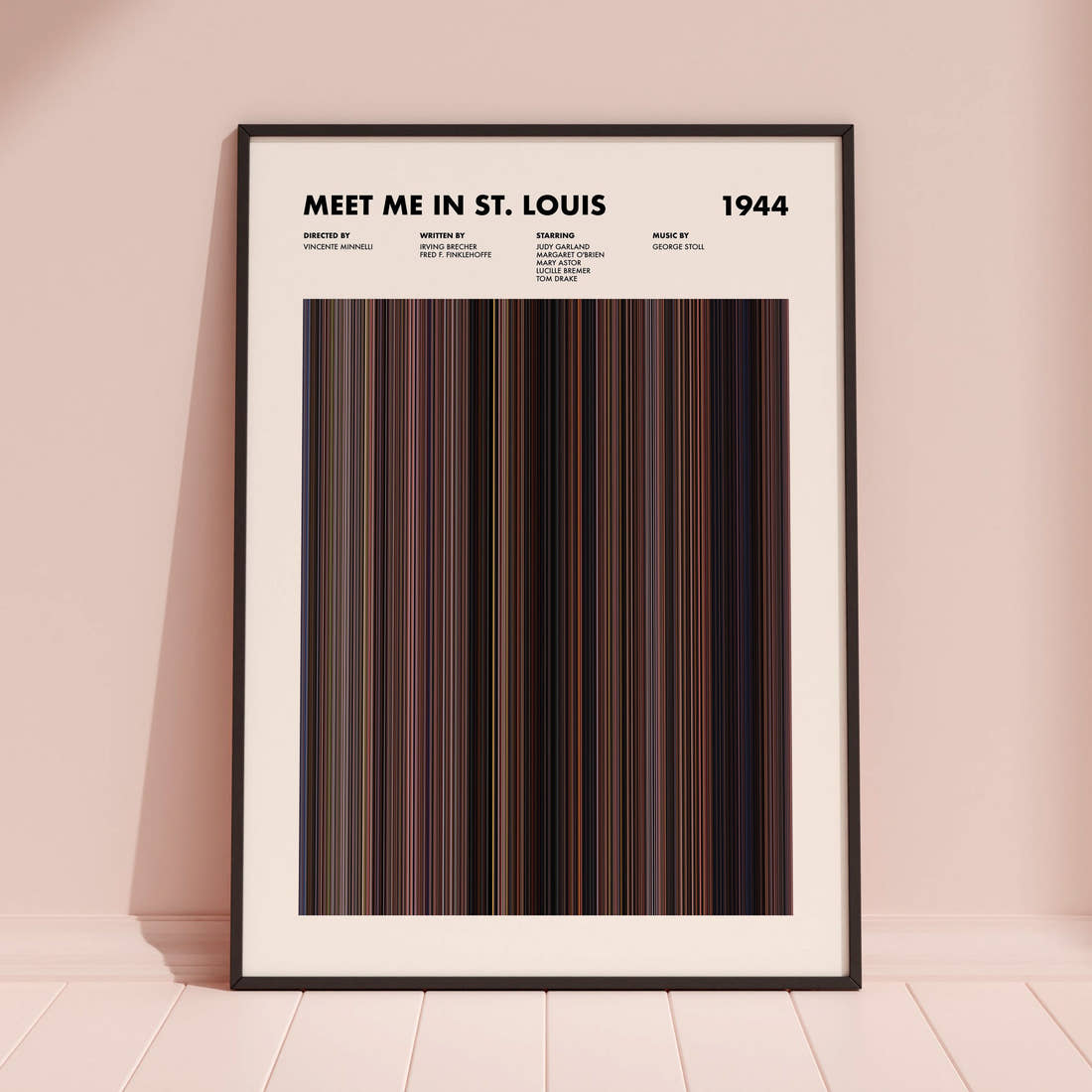 Meet Me in St. Louis Movie Barcode Poster framed and leaning against a coloured wall