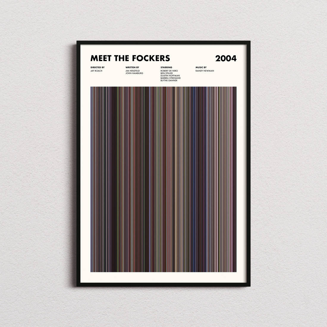 Meet The Fockers Movie Barcode Poster framed on a plain studio wall