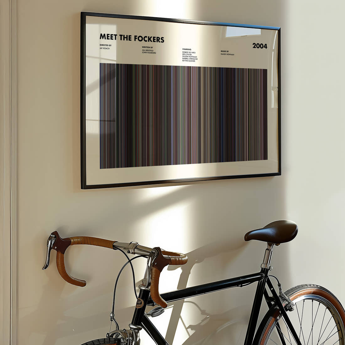 Meet The Fockers Movie Barcode Poster framed on the wall of a styled room setting