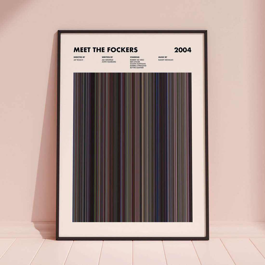Meet The Fockers Movie Barcode Poster framed and leaning against a coloured wall