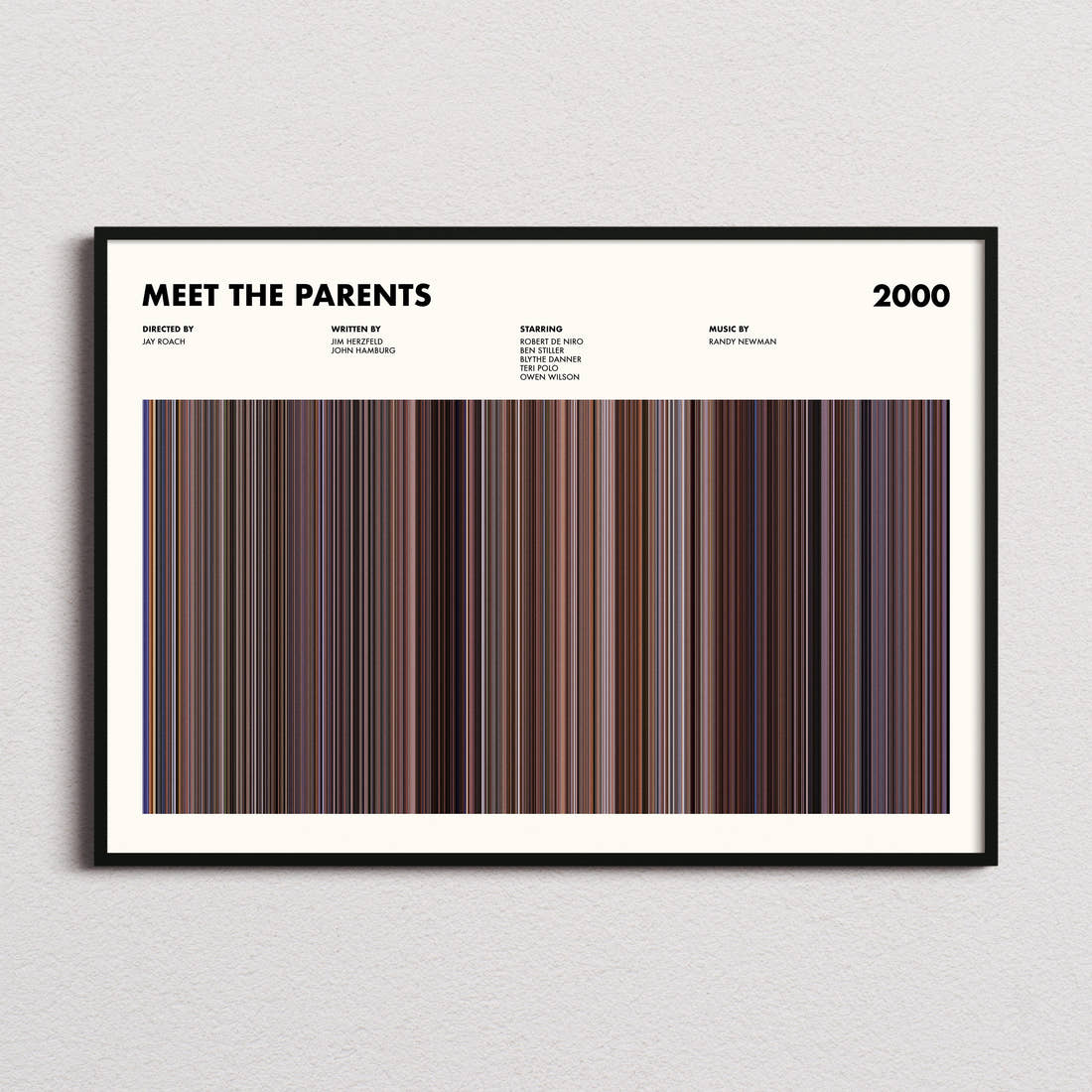 Meet The Parents Movie Barcode Poster framed and photographed straight on