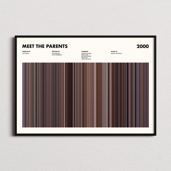 Meet The Parents Movie Barcode Poster framed and photographed straight on
