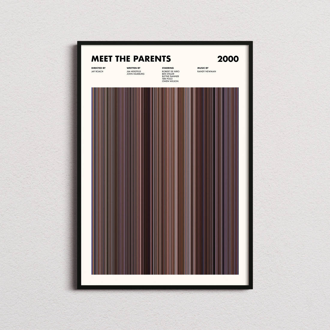Meet The Parents Movie Barcode Poster framed on a plain studio wall