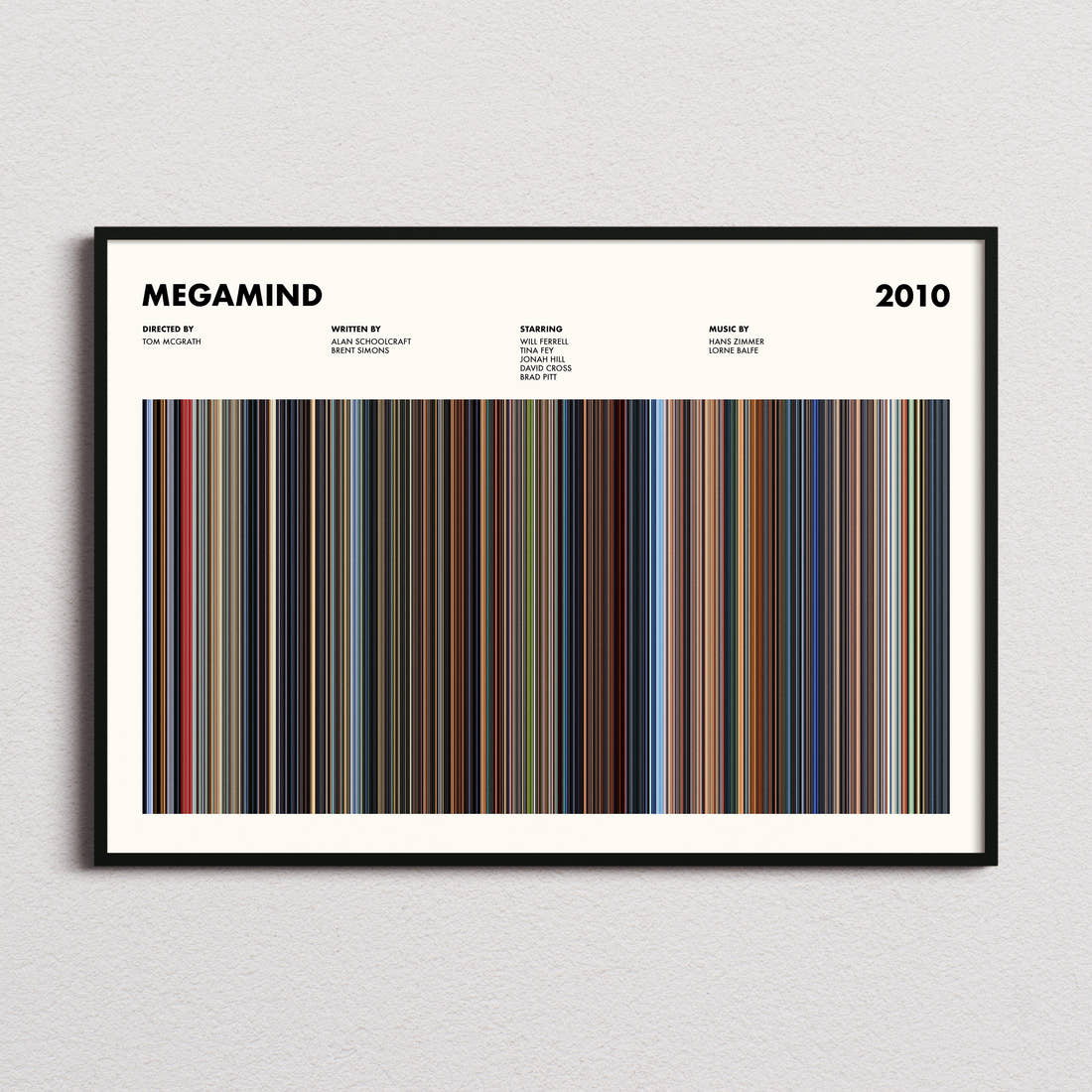 Megamind Movie Barcode Poster framed and photographed straight on
