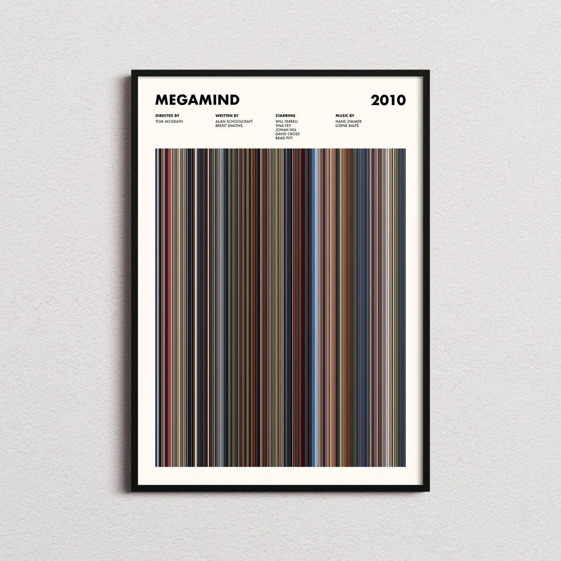 Megamind Movie Barcode Poster framed on a plain studio wall