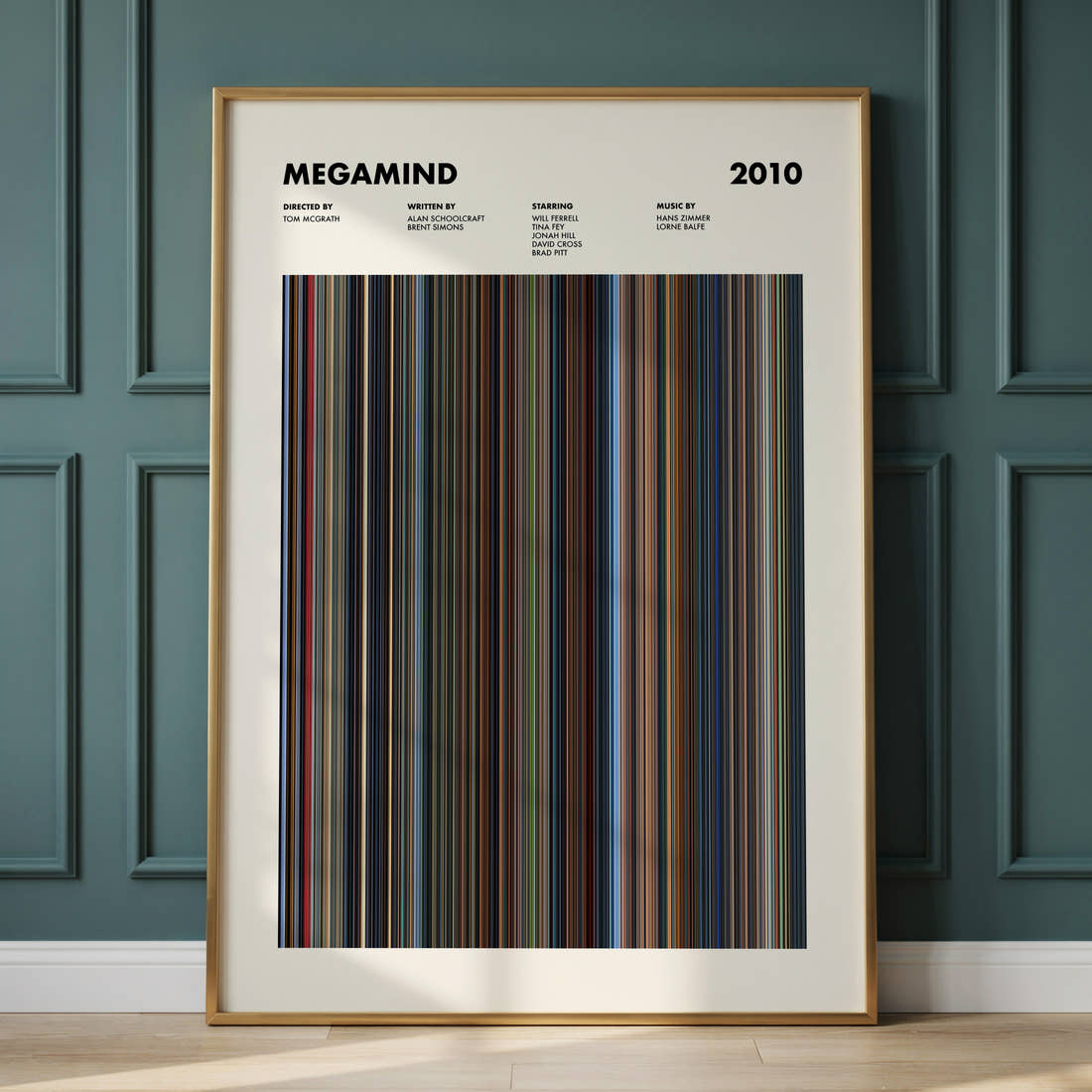 Megamind Movie Barcode Poster framed and leaning against a panelled wall