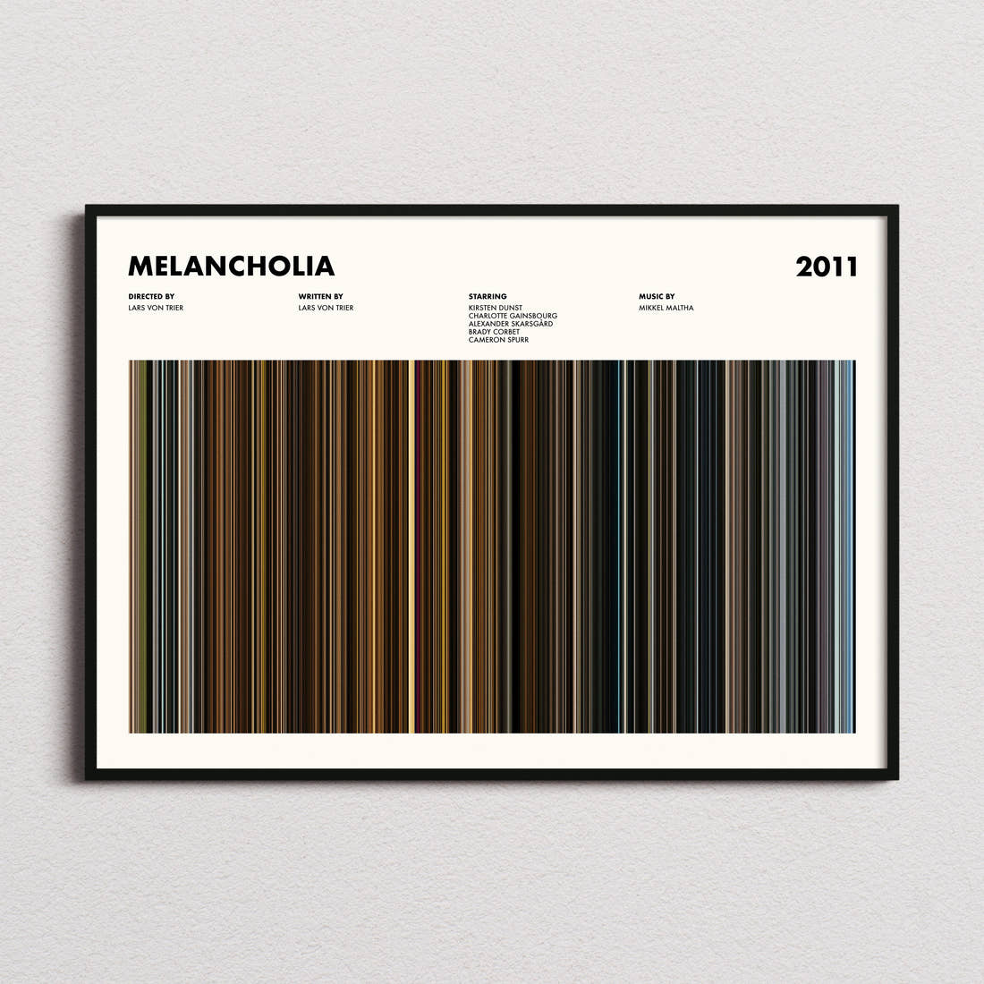 Melancholia Movie Barcode Poster framed and photographed straight on