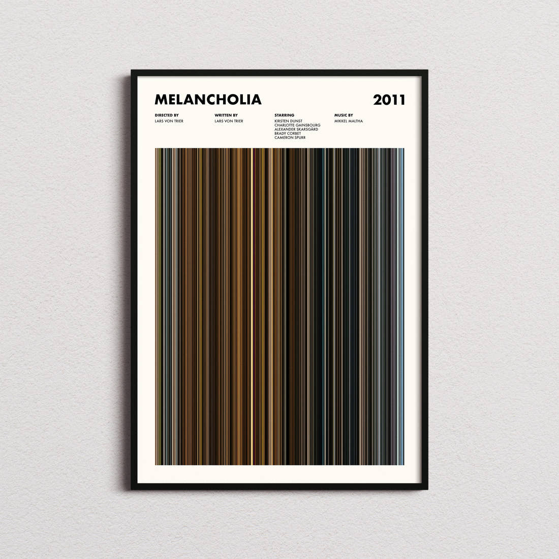 Melancholia Movie Barcode Poster framed on a plain studio wall