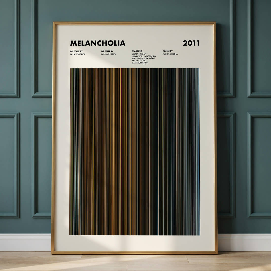 Melancholia Movie Barcode Poster framed and leaning against a panelled wall