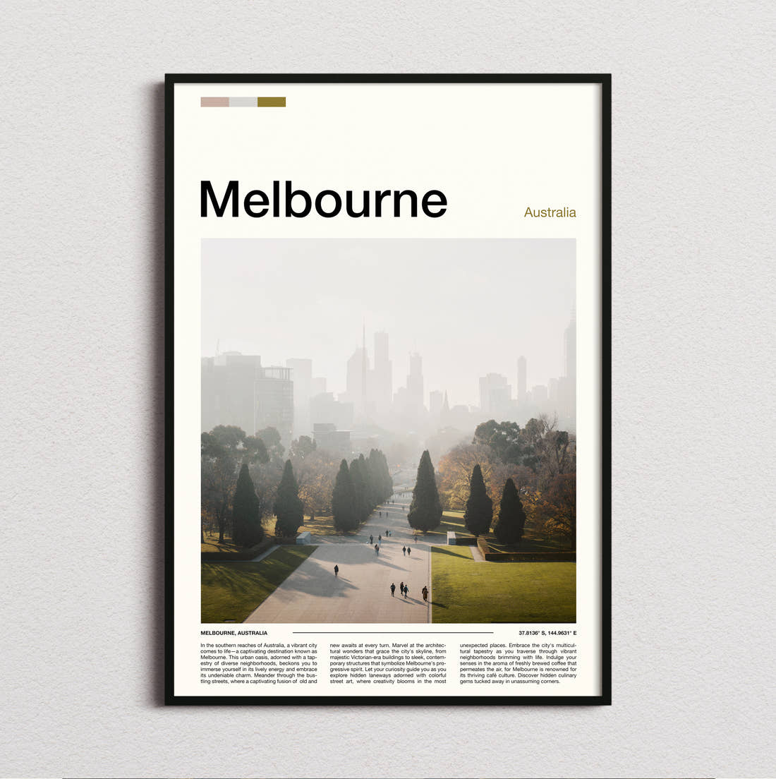Melbourne Hazy Skyline Behind Park Travel Print framed and photographed straight on