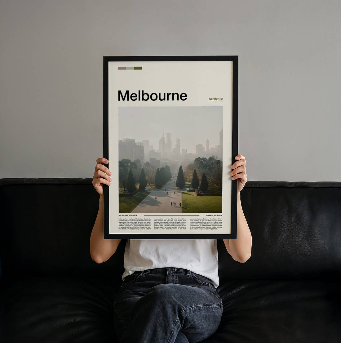 Melbourne Hazy Skyline Behind Park Travel Print held up by hand to show the size of the print