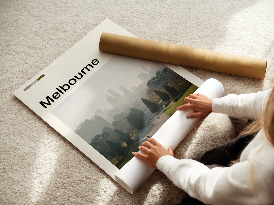 Melbourne Hazy Skyline Behind Park Travel Print being unrolled from its postal tube