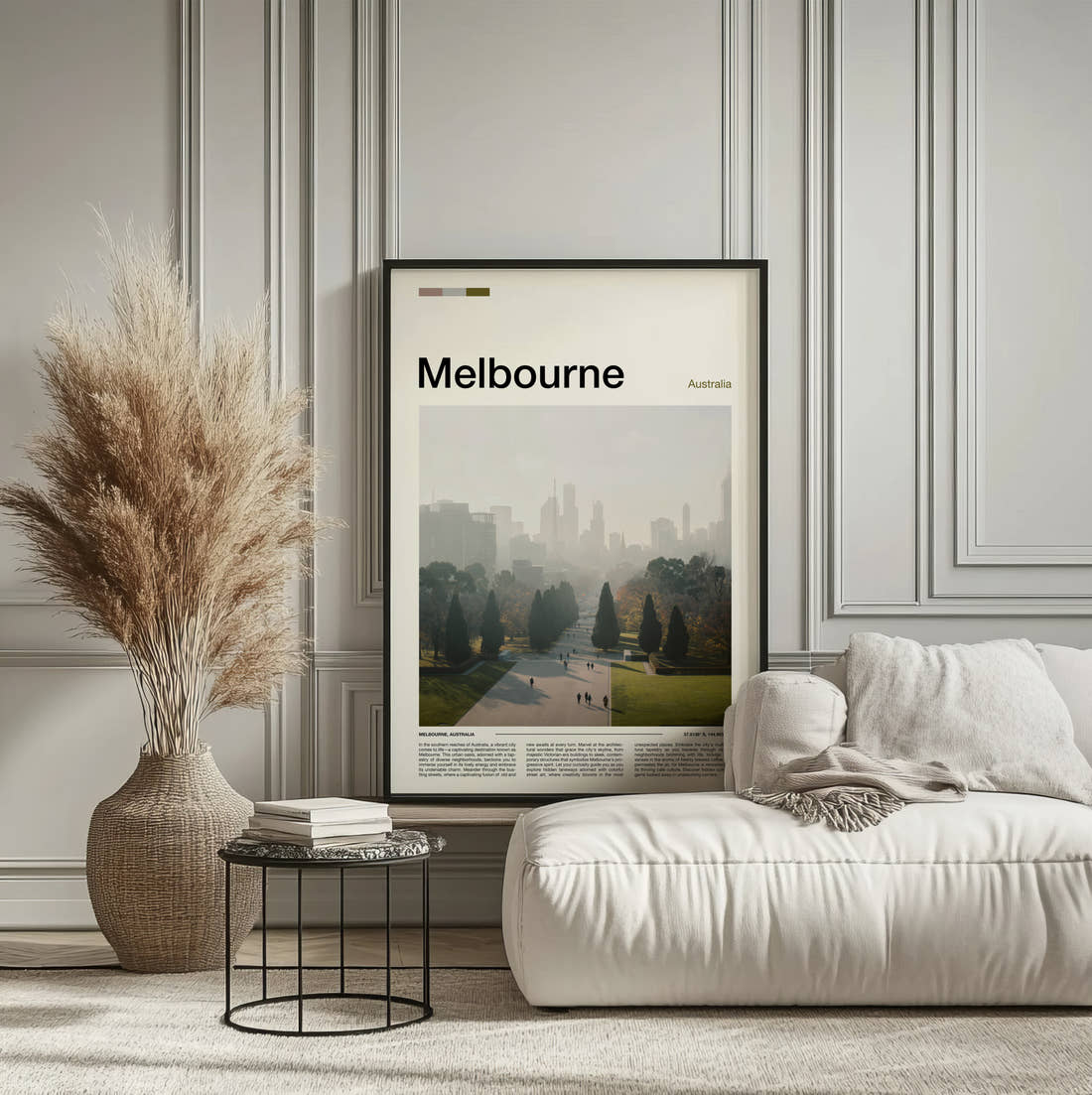 Melbourne Hazy Skyline Behind Park Travel Print framed on the wall of a calm, neutral bedroom