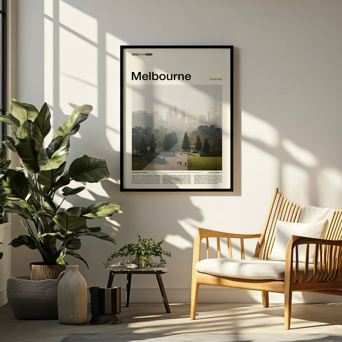 Melbourne Hazy Skyline Behind Park Travel Print framed on a pale wall beside houseplants