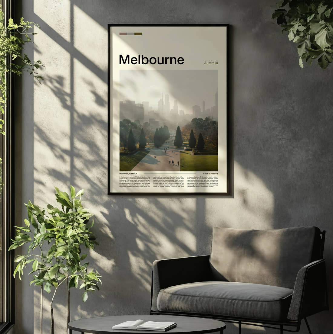 Melbourne Hazy Skyline Behind Park Travel Print framed on the wall of a relaxed living room