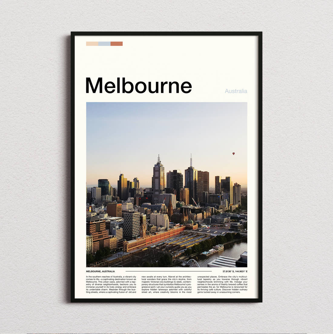 Melbourne Skyline At Golden Hour Travel Print framed and photographed straight on