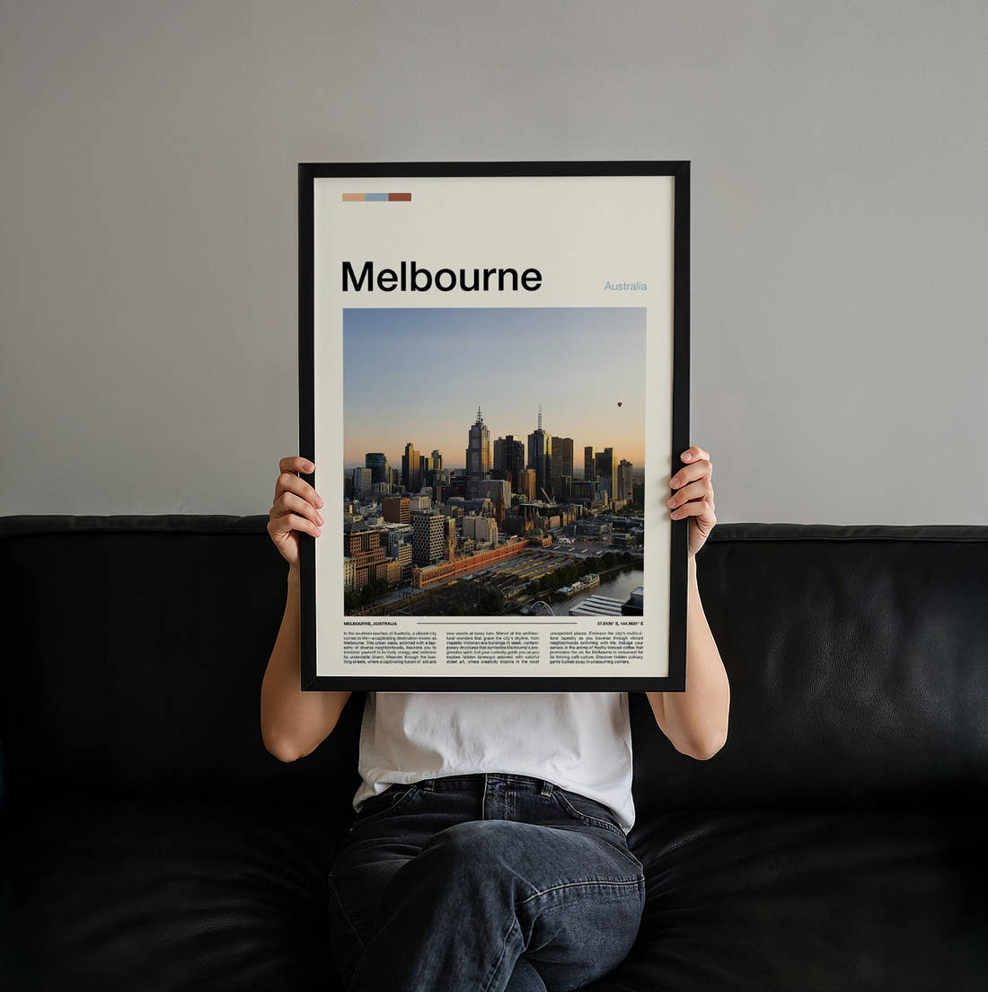 Melbourne Skyline At Golden Hour Travel Print held up by hand to show the size of the print