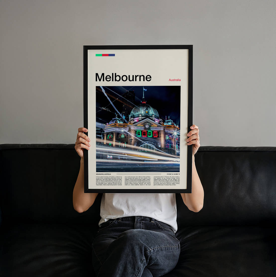 Melbourne Flinders Street Station Travel Print held up by hand to show the size of the print