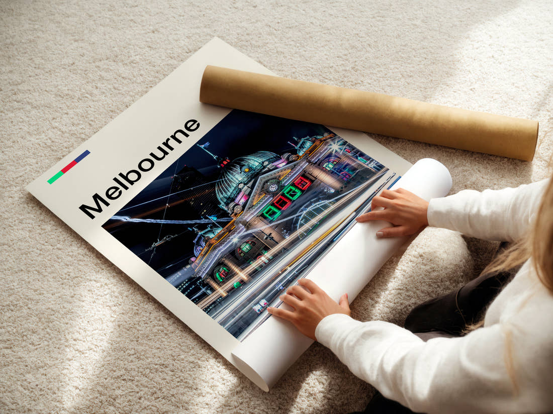 Melbourne Flinders Street Station Travel Print being unrolled from its postal tube