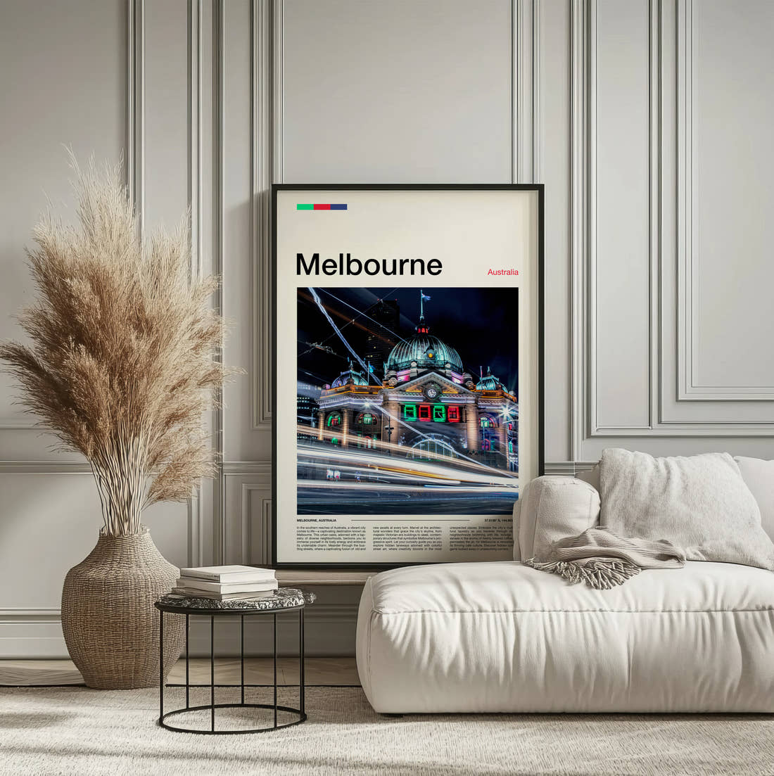 Melbourne Flinders Street Station Travel Print framed on the wall of a calm, neutral bedroom