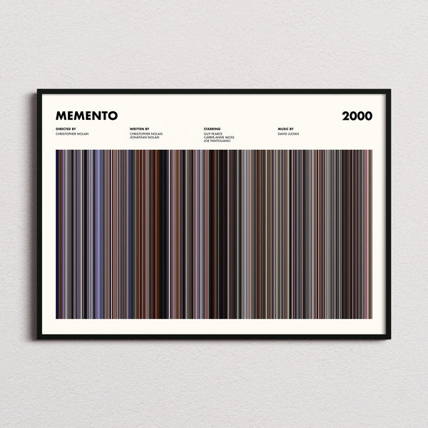 Memento Movie Barcode Poster framed and photographed straight on