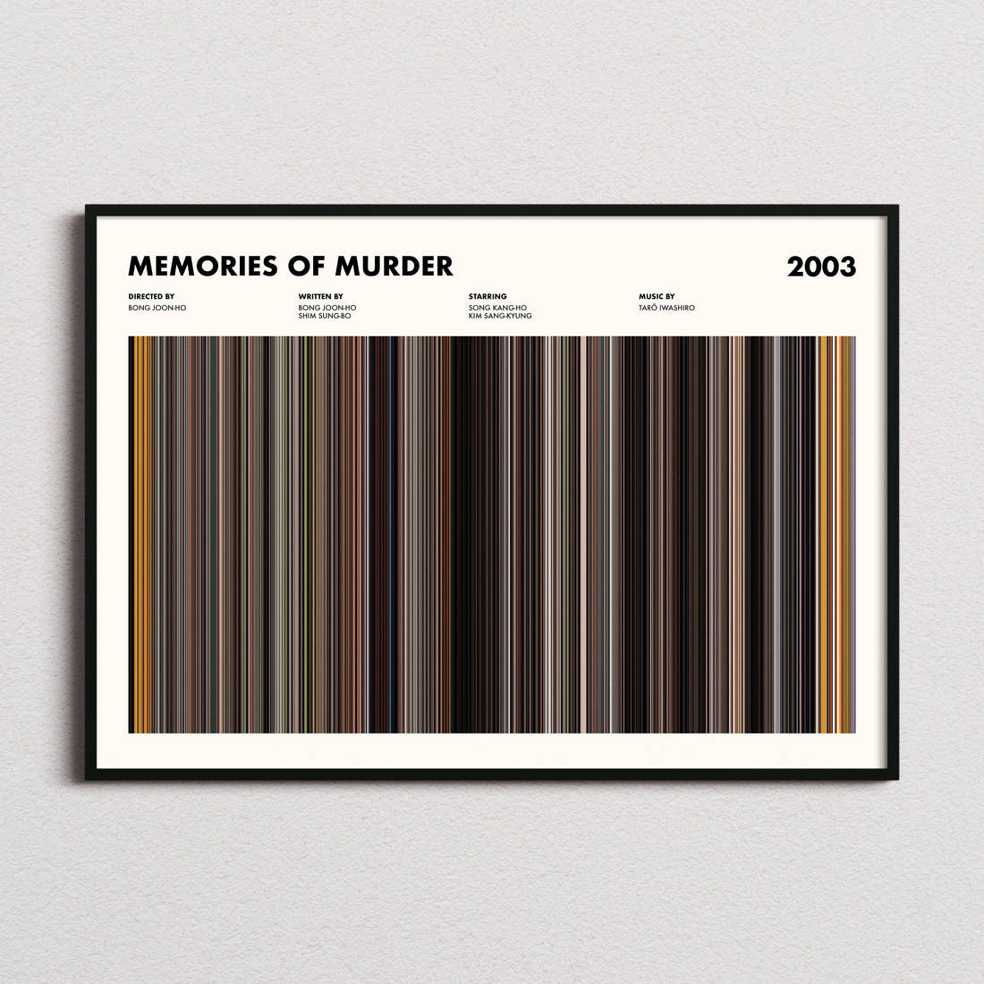 Memories Of Murder Movie Barcode Poster framed and photographed straight on