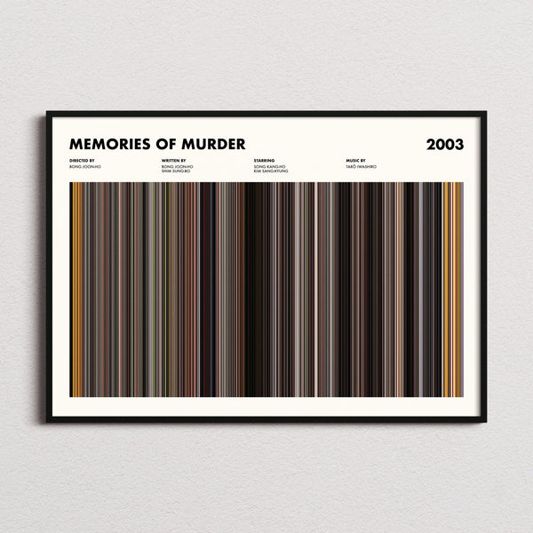 Memories Of Murder Movie Barcode Poster framed and photographed straight on