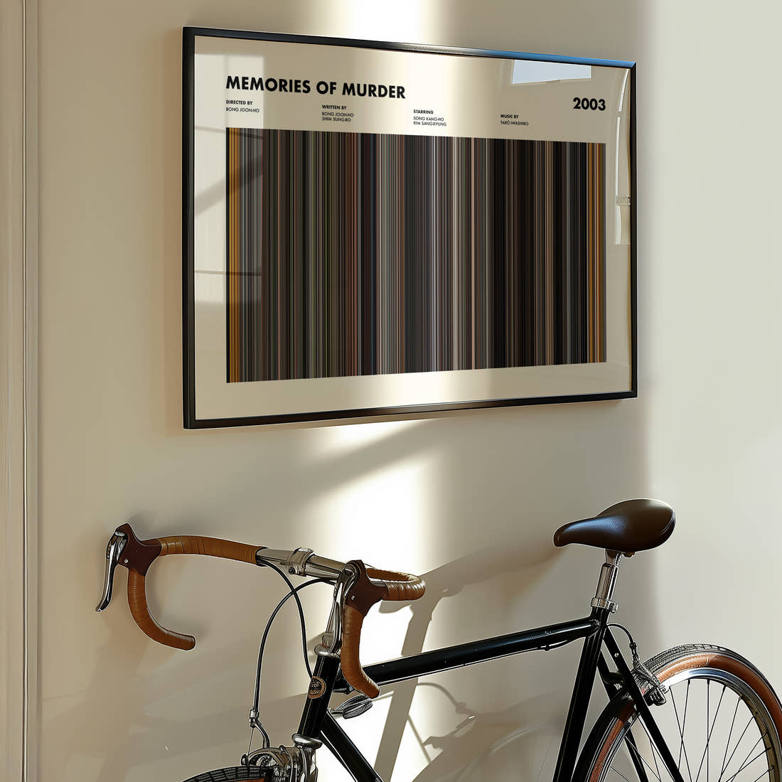 Memories Of Murder Movie Barcode Poster framed on the wall of a styled room setting