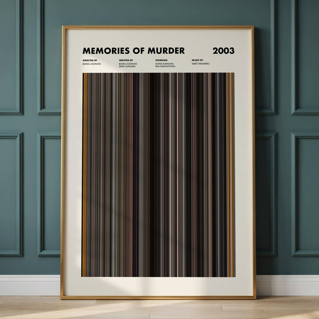 Memories Of Murder Movie Barcode Poster framed and leaning against a panelled wall
