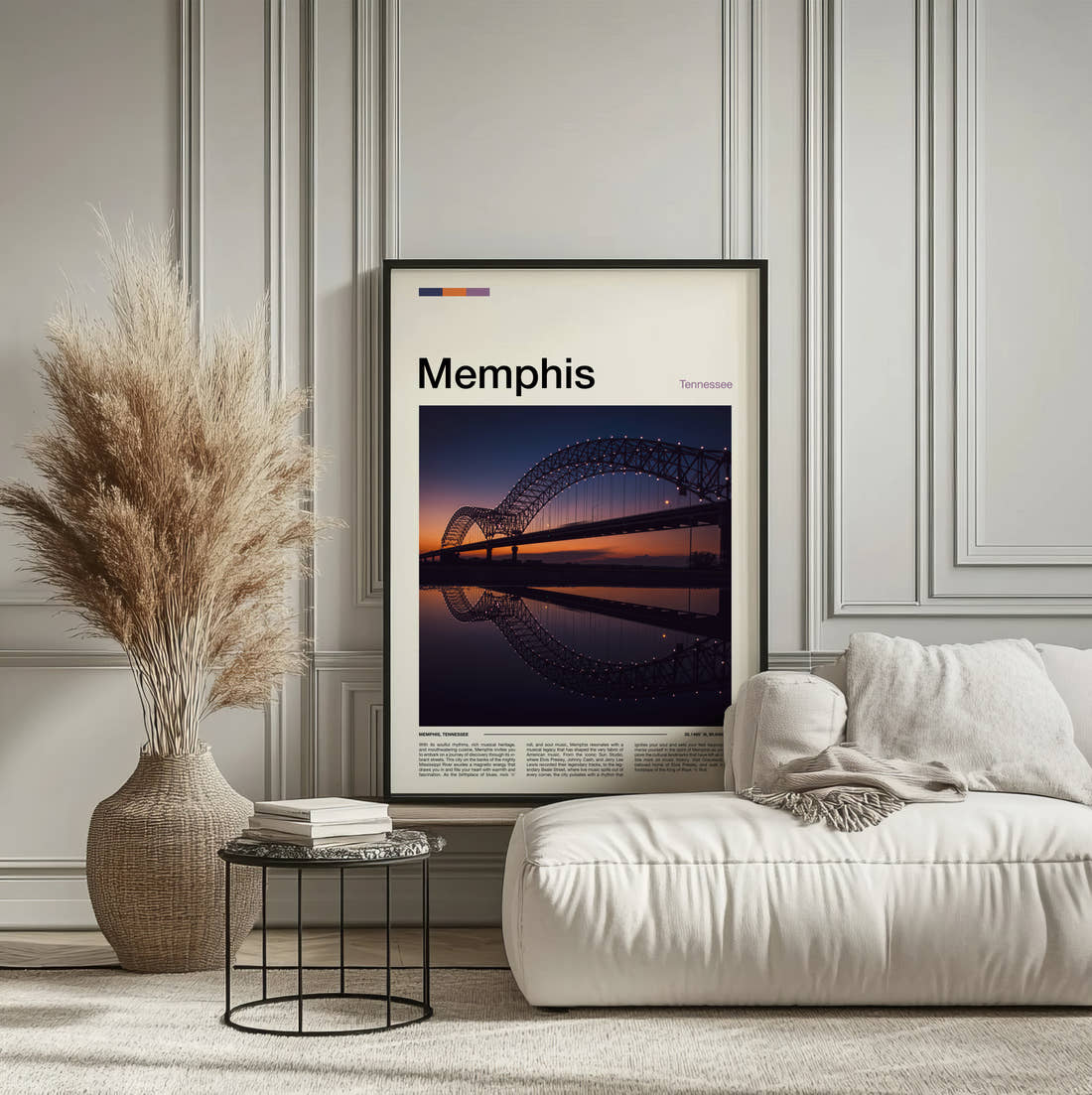 Memphis Arched Bridge Reflected Travel Print framed on the wall of a calm, neutral bedroom