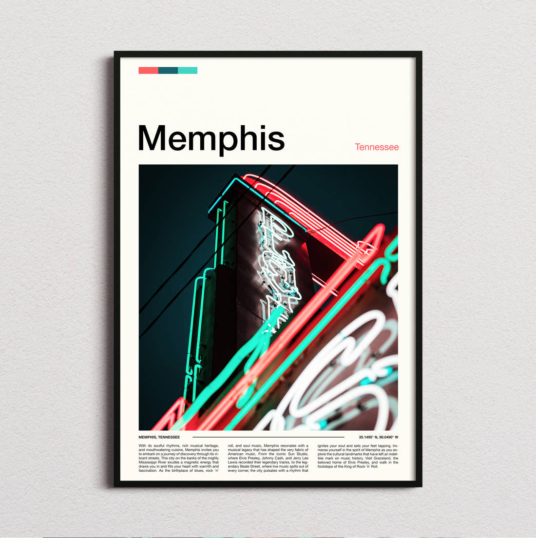Memphis Neon Sign Travel Print framed and photographed straight on