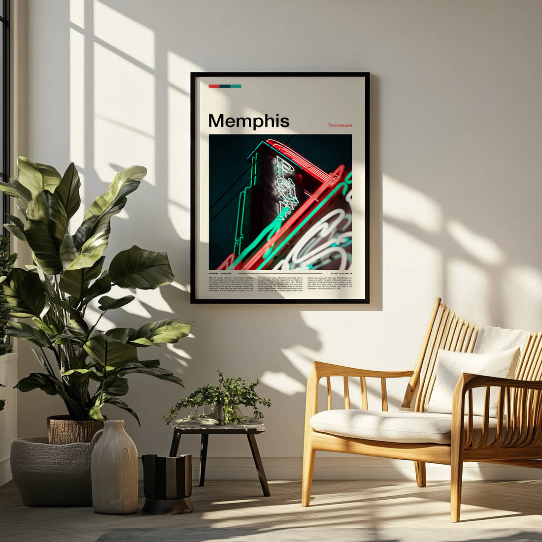 Memphis Neon Sign Travel Print framed on a pale wall beside houseplants