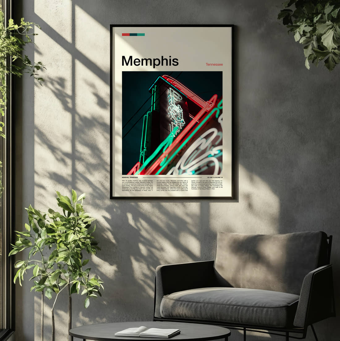Memphis Neon Sign Travel Print framed on the wall of a relaxed living room