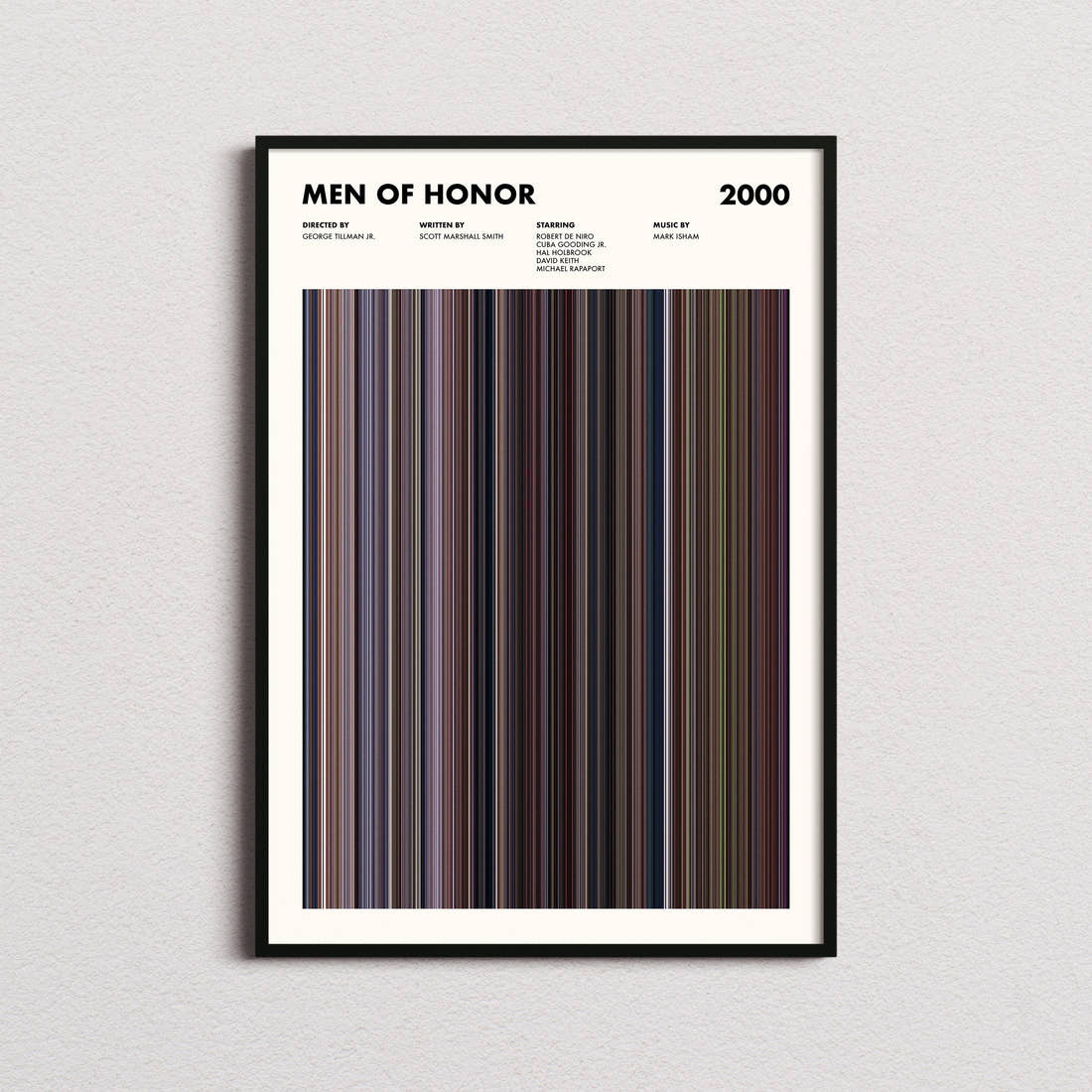 Men Of Honor Movie Barcode Poster framed on a plain studio wall