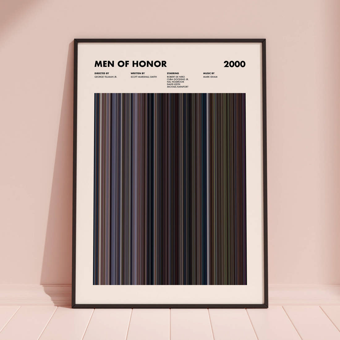 Men Of Honor Movie Barcode Poster framed and leaning against a coloured wall