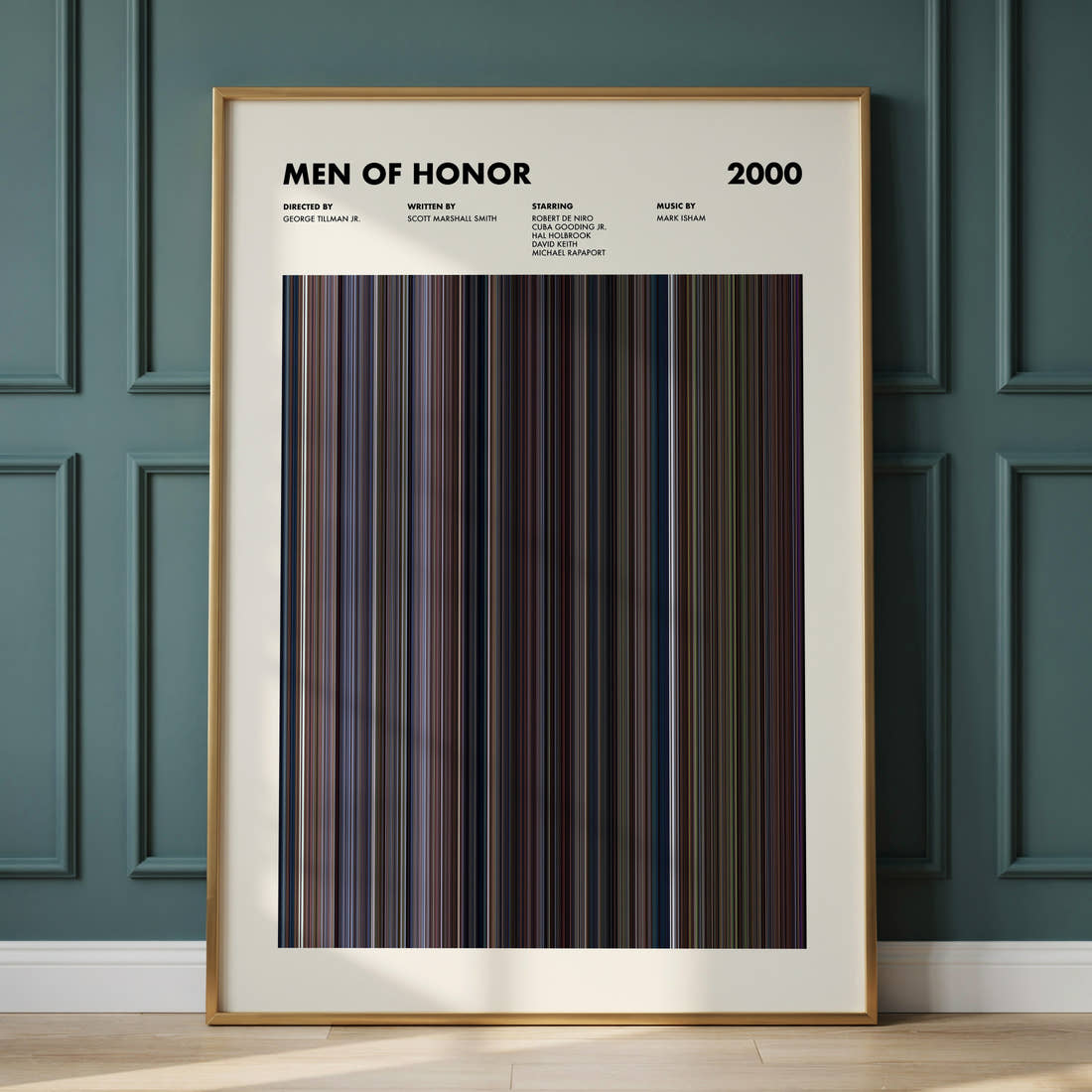 Men Of Honor Movie Barcode Poster framed and leaning against a panelled wall