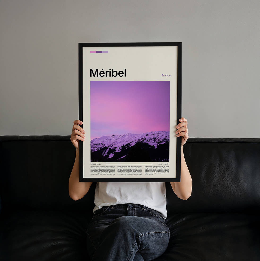 Meribel Snowy Mountains At Dusk Travel Print held up by hand to show the size of the print