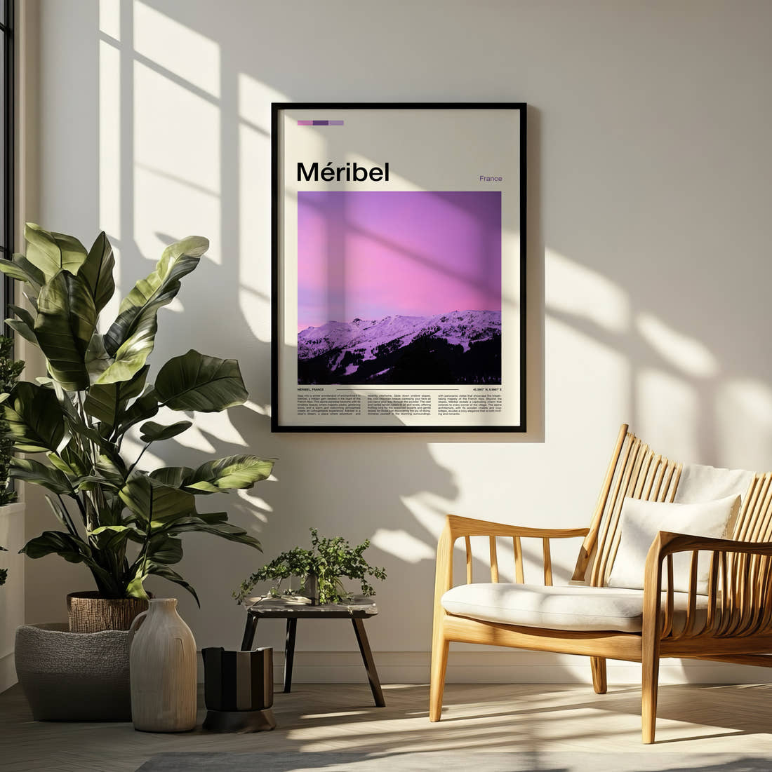 Meribel Snowy Mountains At Dusk Travel Print framed on a pale wall beside houseplants