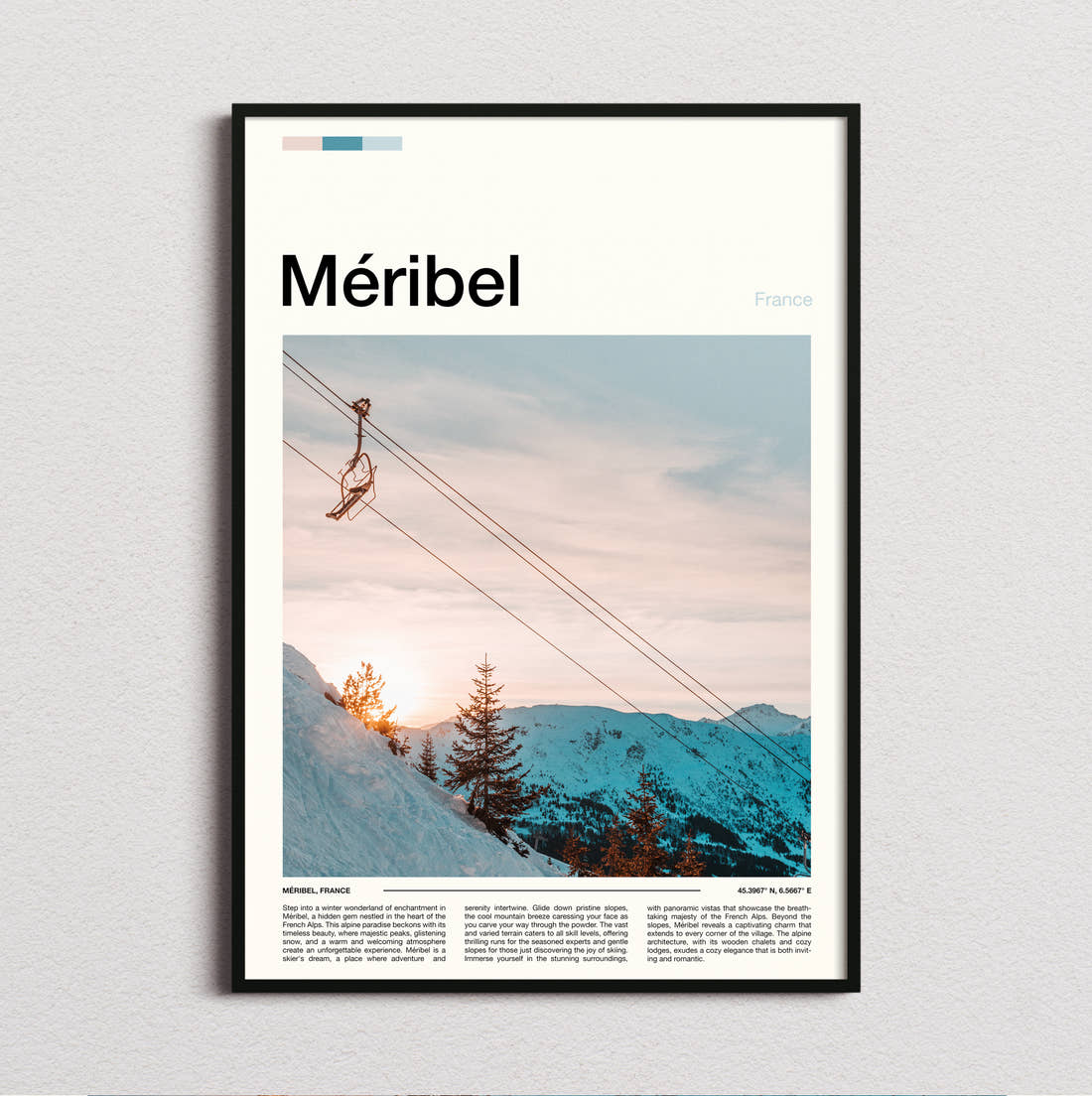 Meribel Chairlift At Sunset Travel Print framed and photographed straight on