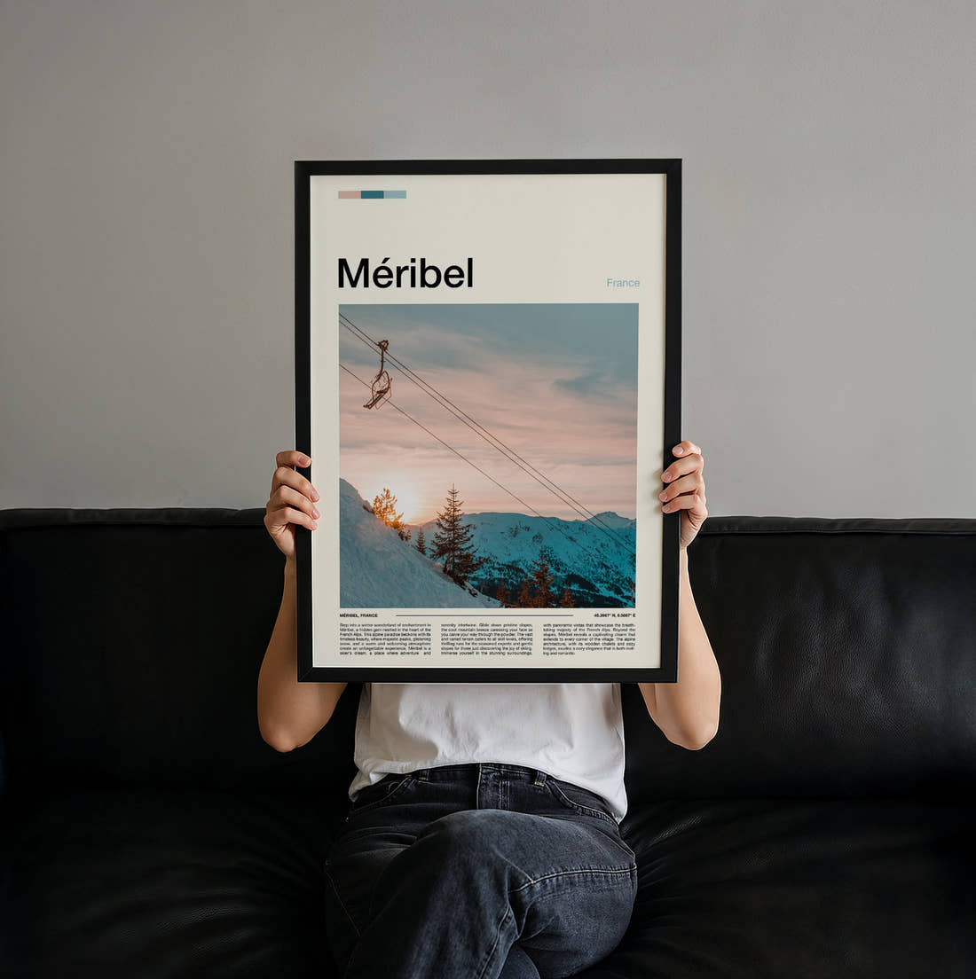 Meribel Chairlift At Sunset Travel Print held up by hand to show the size of the print