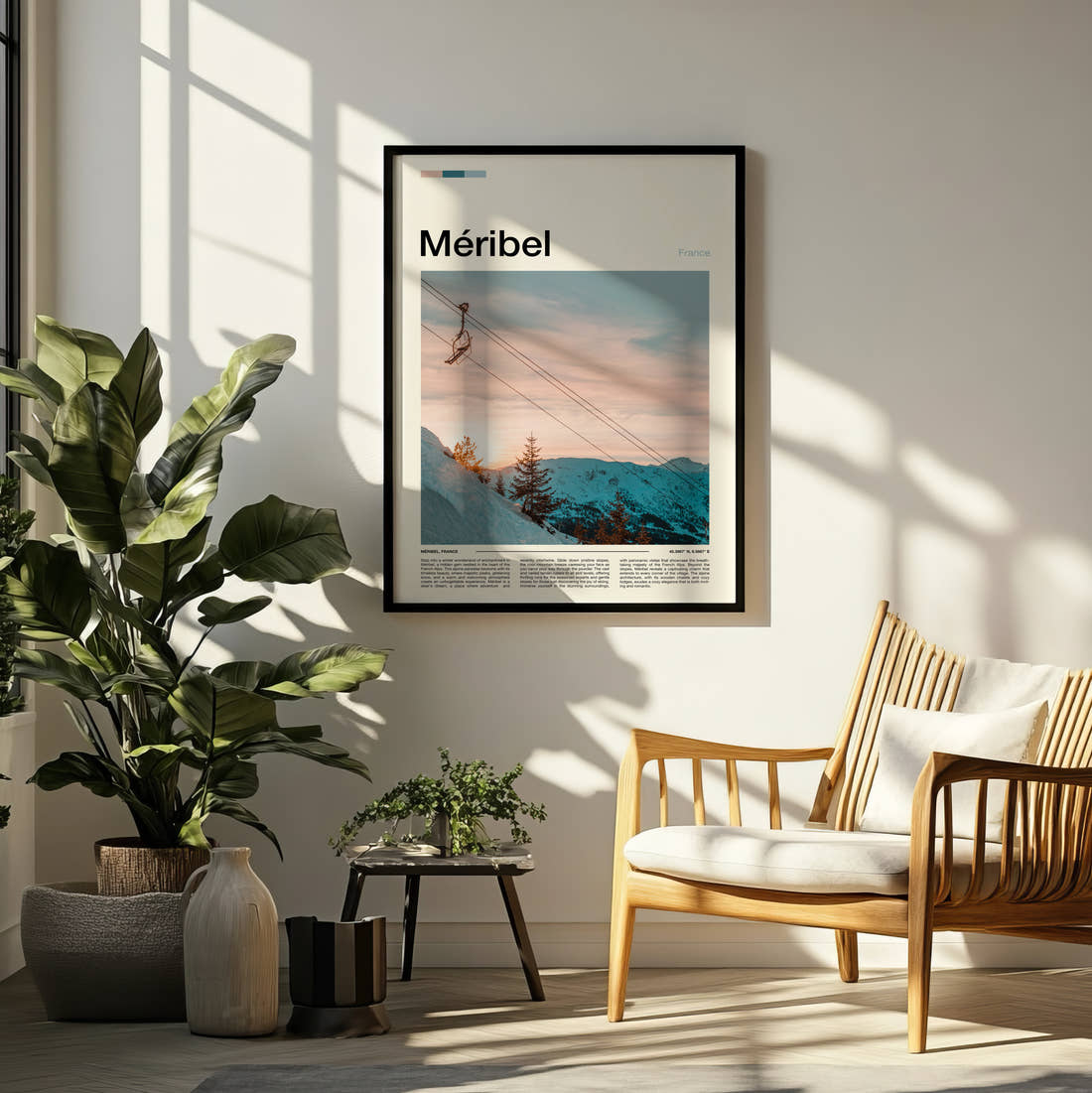 Meribel Chairlift At Sunset Travel Print framed on a pale wall beside houseplants