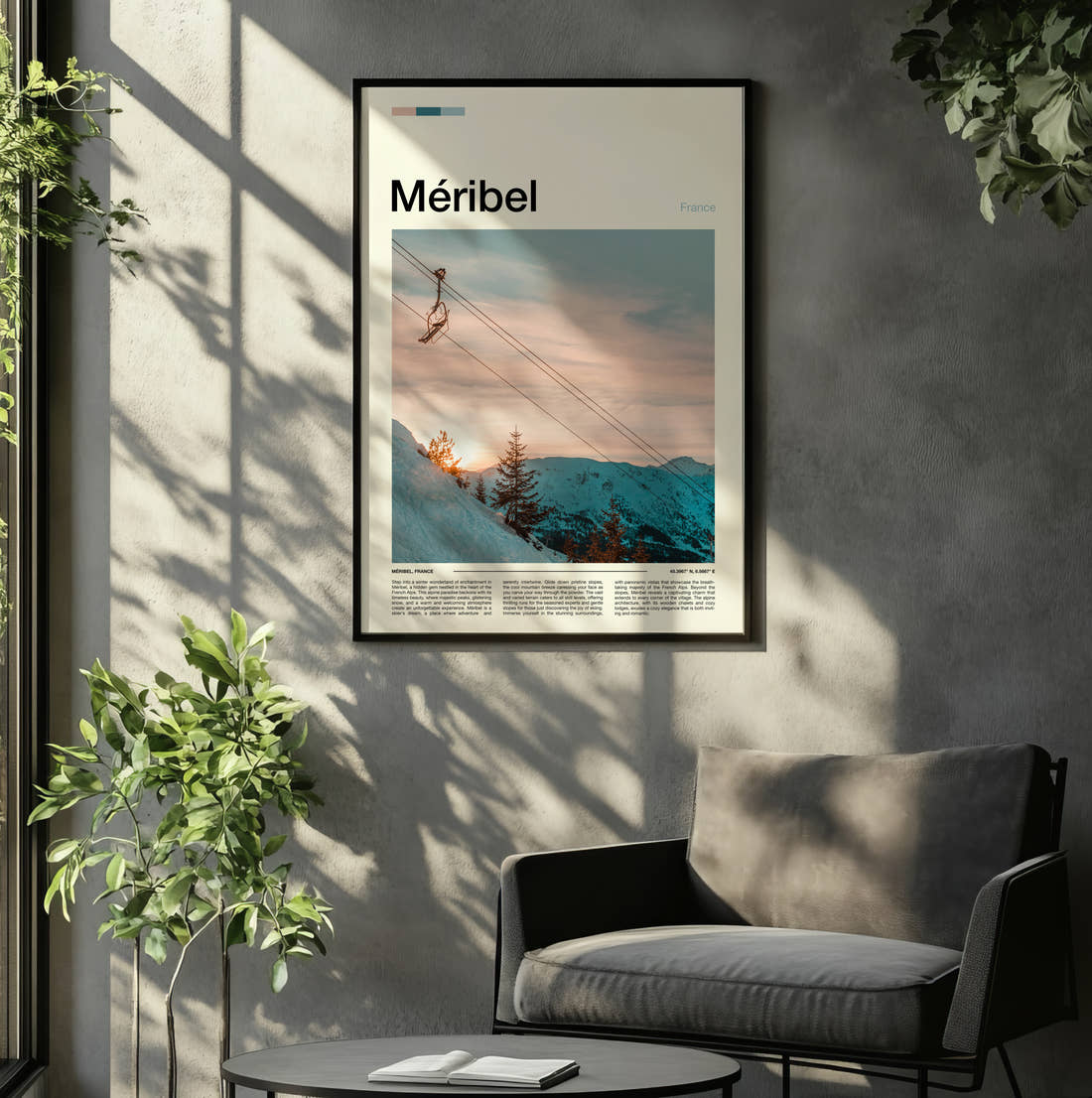 Meribel Chairlift At Sunset Travel Print framed on the wall of a relaxed living room