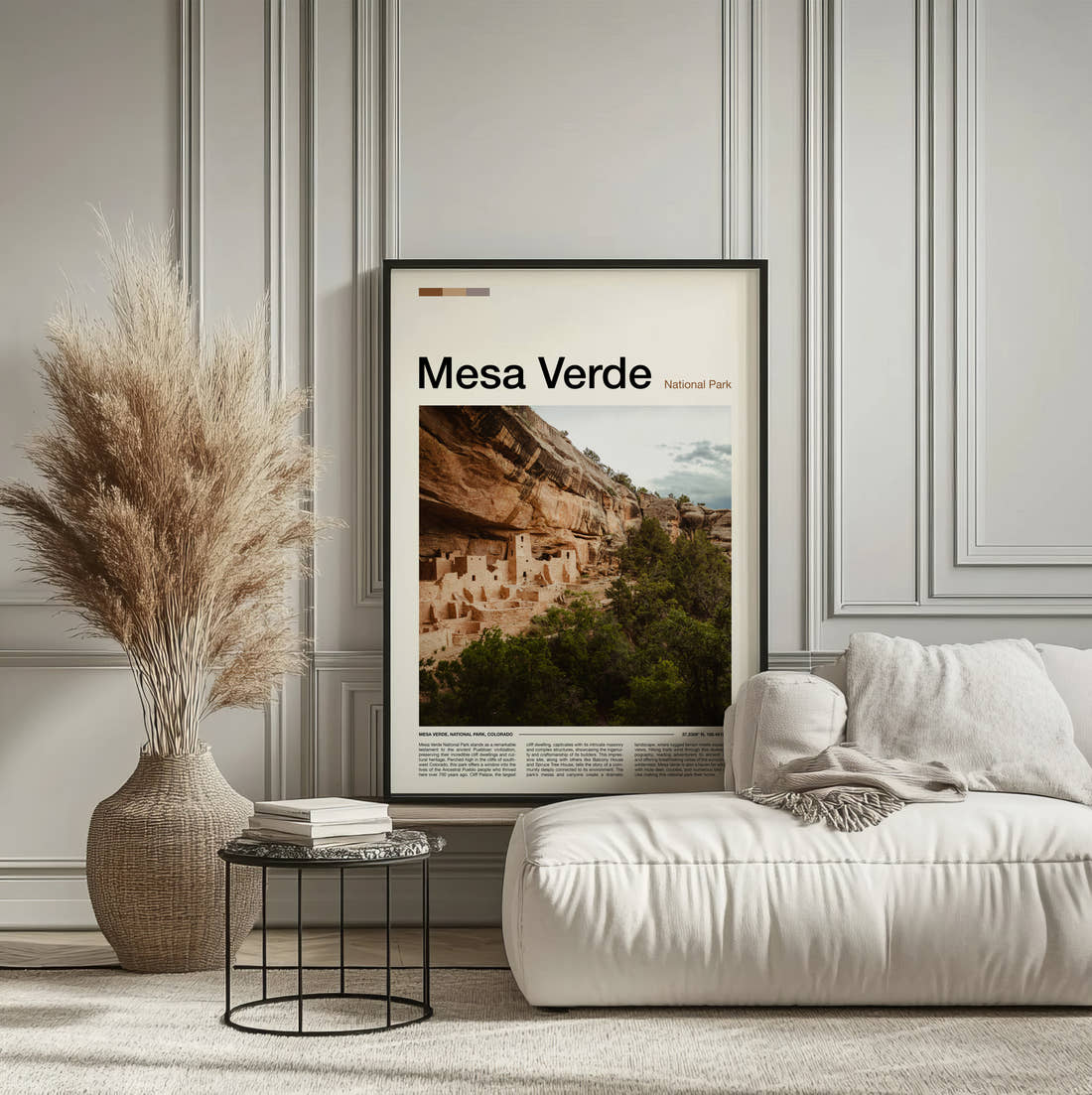 Mesa Verde Cliff Dwellings Travel Print framed on the wall of a calm, neutral bedroom