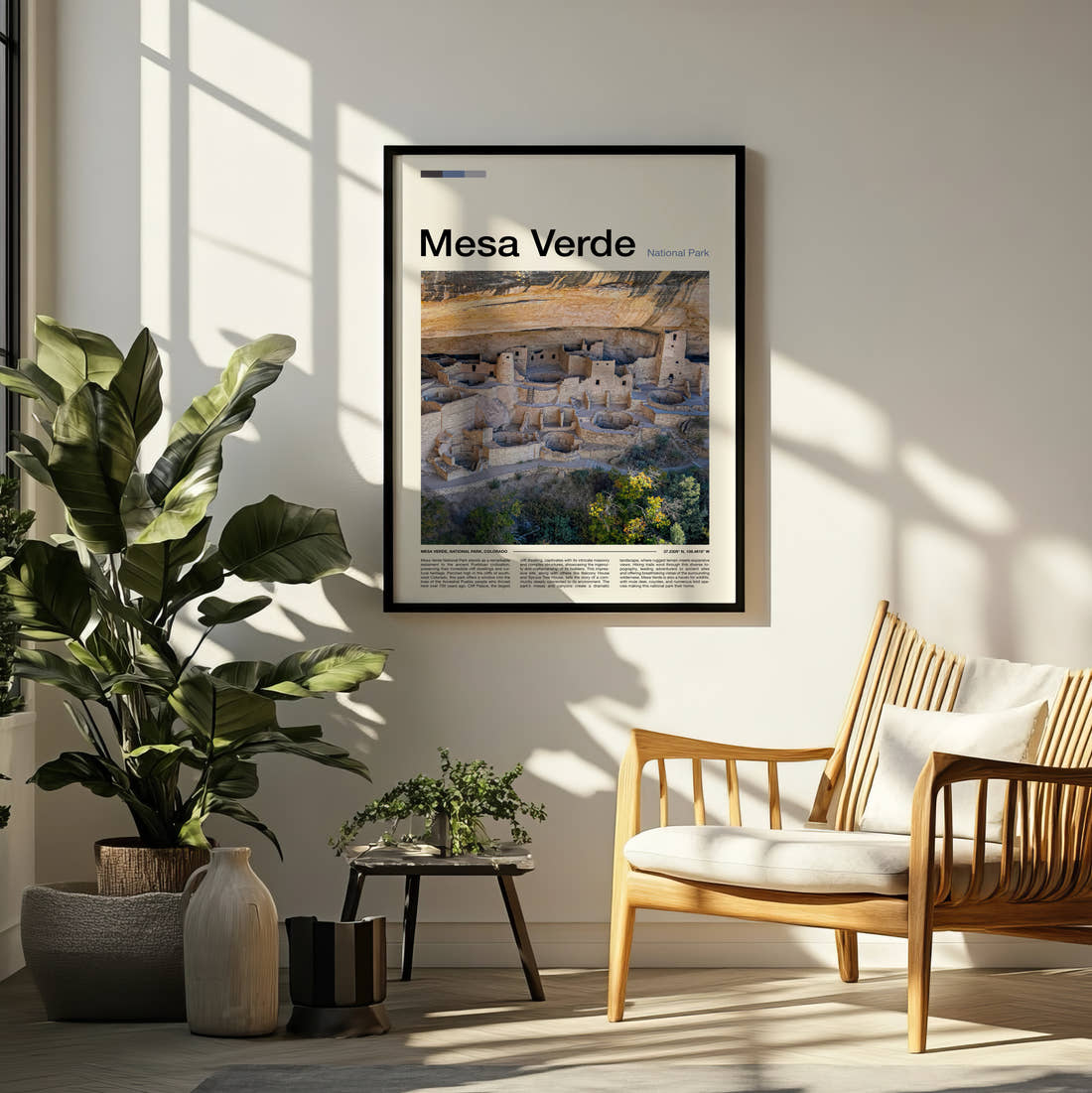 Mesa Verde Cliff Palace Ruins Travel Print framed on a pale wall beside houseplants